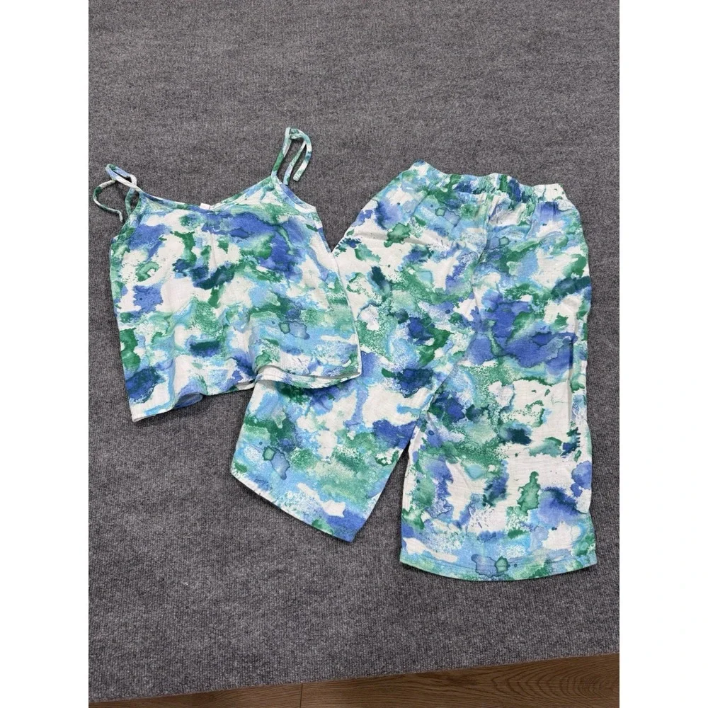 Ambrielle Blue Green Water Color Pajama Sleep Set Cotton Cami Cropped Pants Sz S